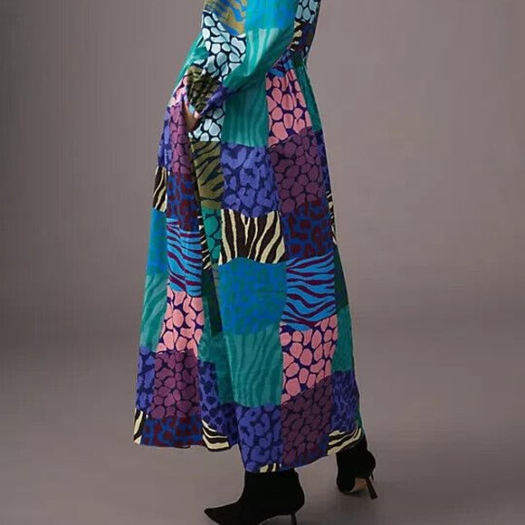 Anthropologie Geisha Designs L NWT Patchwork Maxi Dress Animal Print Long Sleeve - Picture 5 of 8